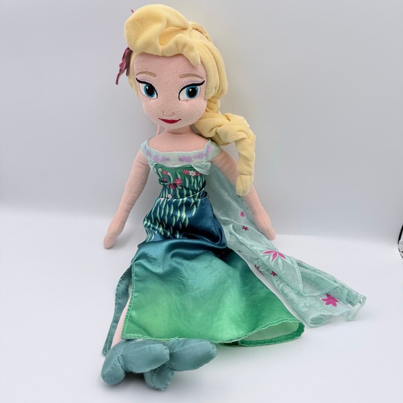 Disney Store Other - Disney Store Frozen Fever Elsa Plush Doll 18 Inch Green Floral Dress Cape